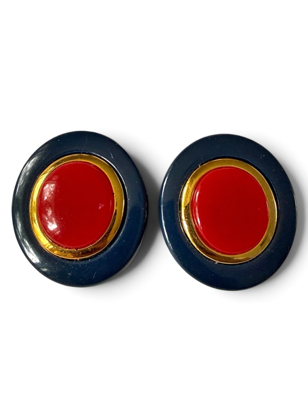 Vintage Cato Button‑Style Oval Clip‑On Earrings – Navy, Gold & Red